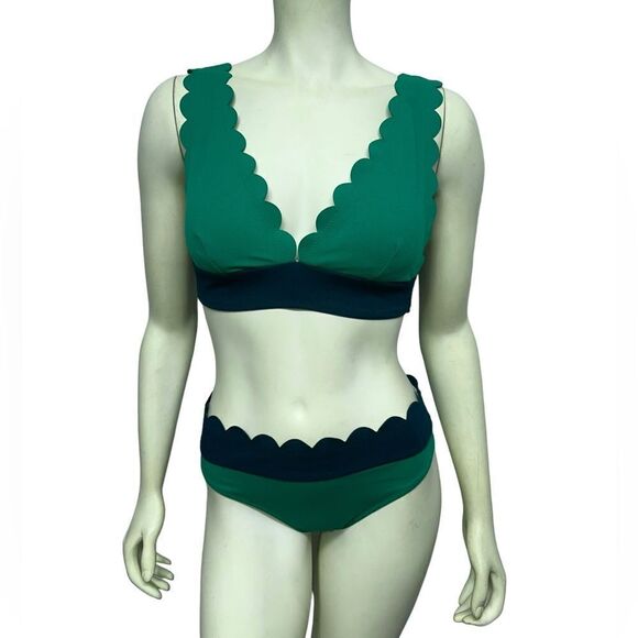 Cupshe Green Bikini Navy Blue Scalloped Trim Padded Triangle Top Size Medium - Picture 2 of 13